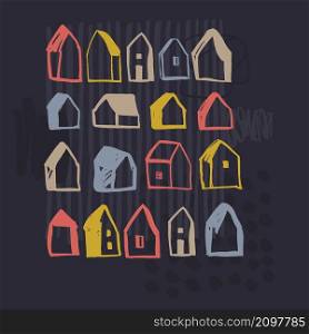 Vector background with hand drawn houses on dark background. Sketch illustration.. Hand drawn houses. Vector sketch illustration.