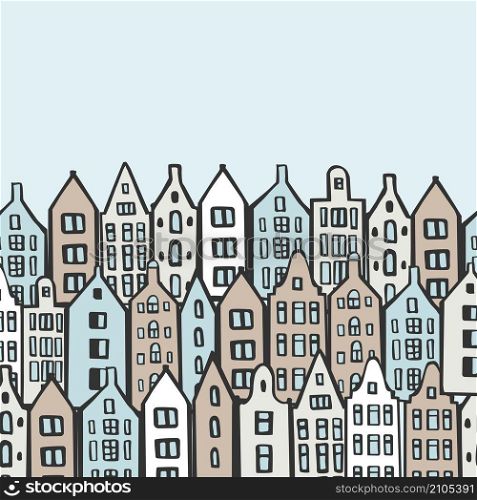 Vector background with hand drawn houses. Sketch illustration.. Hand drawn houses. Vector sketch illustration.