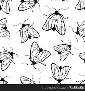 Vector background with hand-drawn illustrations of insects. Drawing fly beetle moth. Entomological seamless pattern.