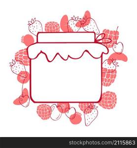 Vector background with hand-drawn jam jar and berries.