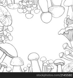 Vector background with hand drawn mushrooms. Sketch illustration.. Hand drawn mushrooms. Vector sketch illustration.