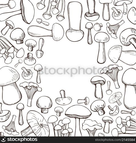 Vector background with hand drawn mushrooms. Sketch illustration.. Hand drawn mushrooms. Vector sketch illustration.