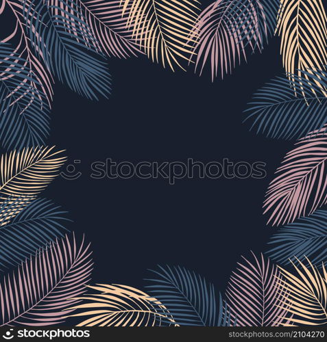 Vector background with hand drawn palm leaves. Sketch illustration.. Vector frame with hand drawn tropical plants.