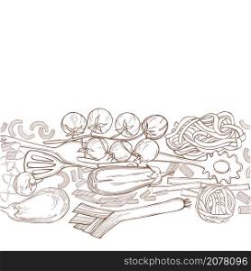 Vector background with hand drawn pasta and vegetables on white background. Italian food. Sketch illustration.. Vector background with pasta and vegetables
