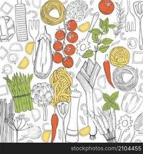 Vector background with hand drawn pasta and vegetables on white background. Italian food. Sketch illustration.. Italian food. Sketch illustration.
