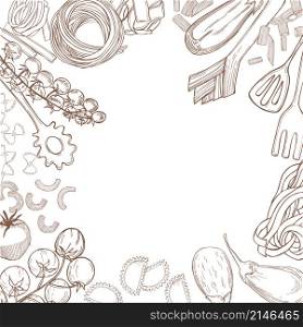 Vector background with hand drawn pasta and vegetables on white background. Italian food. Sketch illustration.. Vector background with pasta and vegetables on white background.