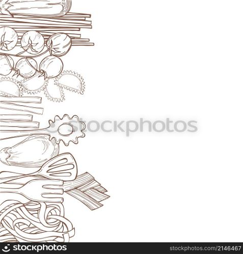Vector background with hand drawn pasta and vegetables on white background. Italian food. Sketch illustration.. Vector background with pasta and vegetables . Italian food.