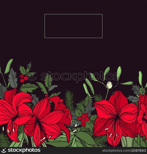 Vector background with hand drawn red amaryllis and Christmas plants. Sketch illustration.. Christmas plants set.