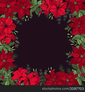 Vector background with hand drawn red poinsettias and Christmas plants. Sketch illustration.. Vector background with Christmas plants .