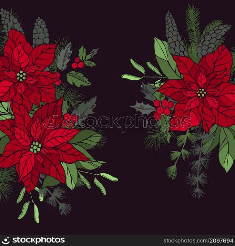 Vector background with hand drawn red poinsettias and Christmas plants. Sketch illustration.. Christmas plants set.