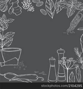 Vector background with hand drawn spices and herbs. Sketch illustration.. Hand drawn spice set. Vector illustration.