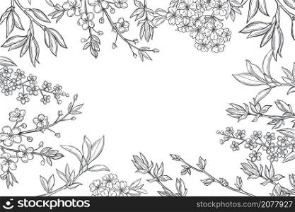 Vector background with hand drawn spring branches with flowers. Sketch illustration.. Spring branches with flowers. Vector background.