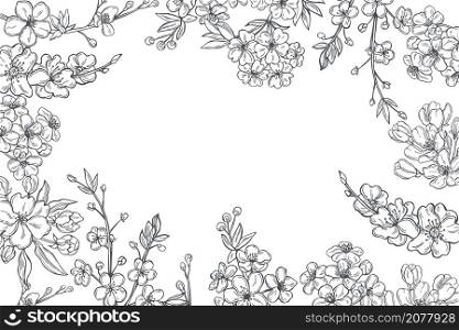 Vector background with hand drawn spring branches with flowers. Sketch illustration.. Spring branches with flowers. Vector background.