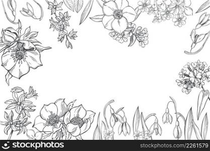 Vector background with hand-drawn spring flowers. Sketch illustration. Spring flowers. Vector background.
