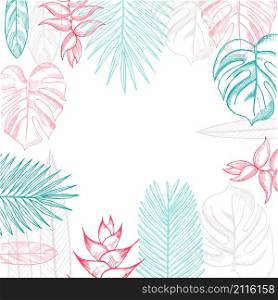Vector background with hand drawn tropical plants. Leaves and flowers.