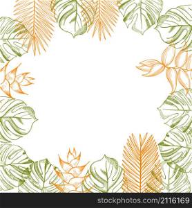 Vector background with hand drawn tropical plants. Leaves and flowers.. Vector frame with hand drawn tropical plants.