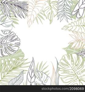 Vector background with hand drawn tropical plants. Palm and monstera leaves.. Vector background with tropical leaves.