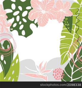Vector background with hand drawn tropical plants. Sketch illustration.. Vector background with tropical leaves.