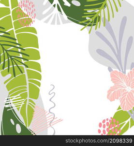 Vector background with hand drawn tropical plants. Sketch illustration.. Vector background with tropical leaves.