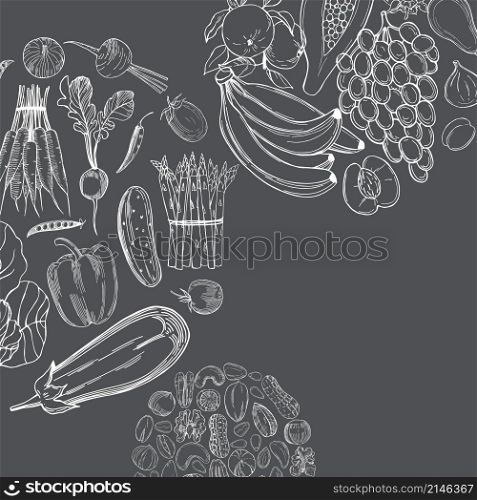 Vector background with hand drawn vegetables, fruits and nuts. Vegetarian food. Sketch illustration.. Vegetarian food on grey background. Sketch illustration.