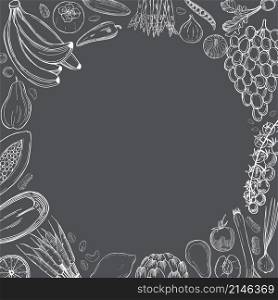 Vector background with hand drawn vegetables, fruits and nuts. Vegetarian food. Sketch illustration.. Vegetarian food on grey background. Sketch illustration.
