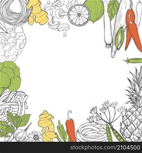 Vector background with hand drawn vegetables on white background. Asian food. Sketch illustration.. Asian food. Sketch illustration.