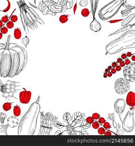 Vector background with hand drawn vegetables. Sketch illustration. . Vector background with hand drawn vegetables. Sketch illustration