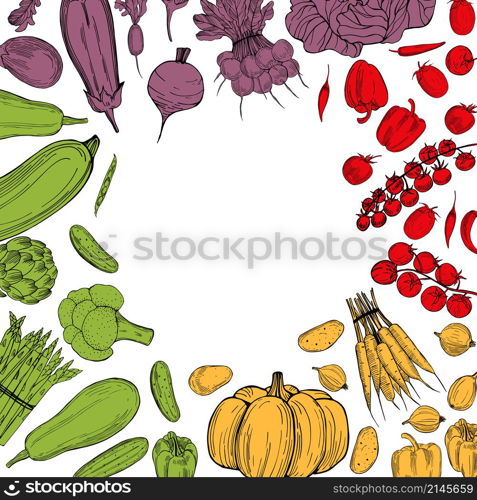 Vector background with hand drawn vegetables. Sketch illustration. . Vector background with hand drawn vegetables. Sketch illustration