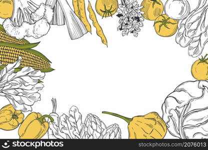 Vector background with hand drawn vegetables. Sketch illustration. . Vector background with vegetables.