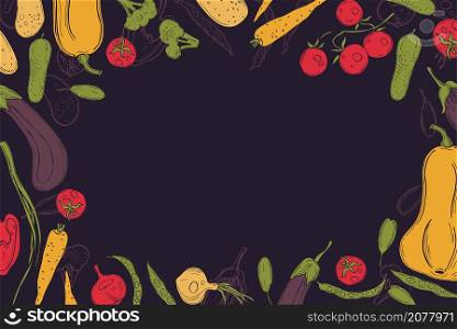 Vector background with hand drawn vegetables. Sketch illustration. . Vector background with vegetables.