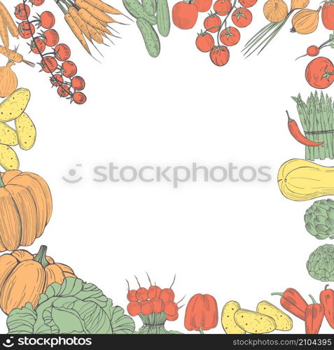 Vector background with hand drawn vegetables. Sketch illustration. . Vector background with vegetables.