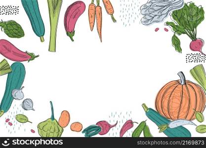 Vector background with hand-drawn vegetables. Sketch illustration. . Vector background with vegetables.
