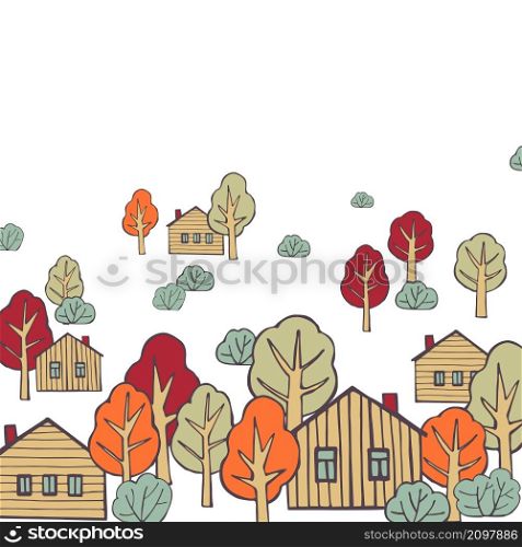 Vector background with hand drawn village houses and trees on white background. Sketch illustration.. Hand drawn houses. Vector sketch illustration.