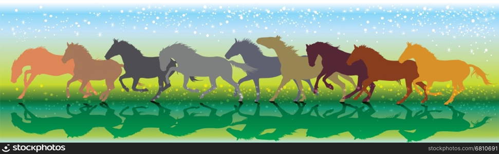 Vector background with horses and stars running gallop