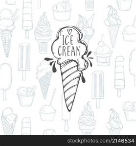 Vector background with ice cream. Sketch illustration.. Hand-drawn ice cream set.