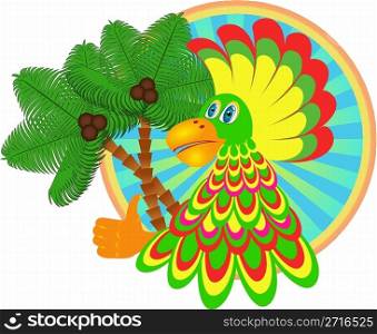 vector background with leaves of palm trees and parrot