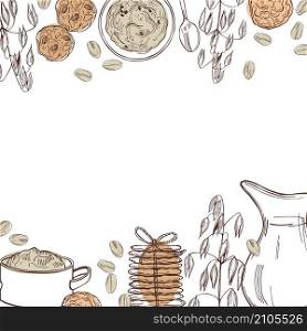 Vector background with oatmeal porridge and cookies. Hand drawn sketch illustration. Vector oatmeal set. Porridge, cookies.