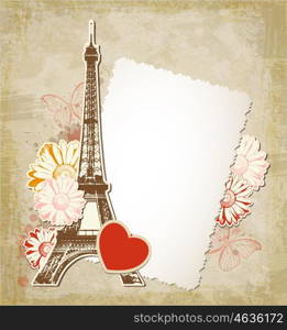 Vector background with old paper frame and Eiffel tower. Vintage travel background.
