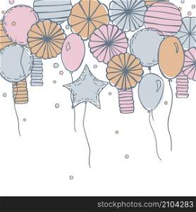 Vector background with paper Pom Poms, balloons and garlands. . background with paper Pom Poms, lanterns and garlands.
