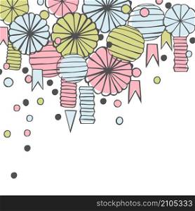 Vector background with paper Pom Poms, balloons and garlands. . Paper Pom Poms, balloons and garlands.