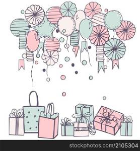 Vector background with paper Pom Poms, balloons and gifts