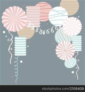 Vector background with paper Pom Poms, lanterns and garlands.