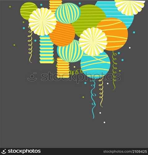 Vector background with paper Pom Poms, lanterns and garlands. . background with paper Pom Poms, lanterns and garlands.