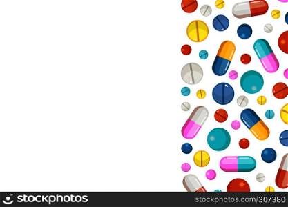 Vector background with pharmaceutical elements. Pills and drugs. Template card banner with color cure, illustration of medical pharmaceutical banner. Vector background with pharmaceutical elements. Pills and drugs