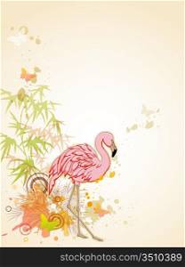 Vector background with Pink flamingo and butterflies