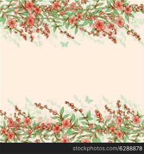 Vector background with pink flowering branch.