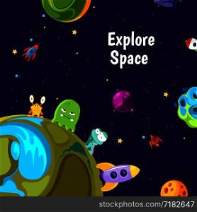 Vector background with place for text with cartoon space planets and ships illustration. Vector background with cartoon space planets and ships