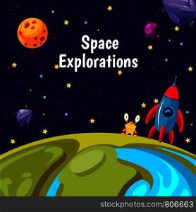 Vector background with place for text with cartoon space planets and ships illustration. Vector background with cartoon space planets and ships