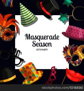 Vector background with place for text with masks and party accessories. Illustration of masquerade fashion, celebration carnival birthday. Vector background with place for text with masks and party accessories