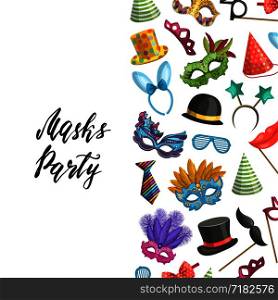 Vector background with place for text with masks and party accessories illustration. Vector background masks and party accessories